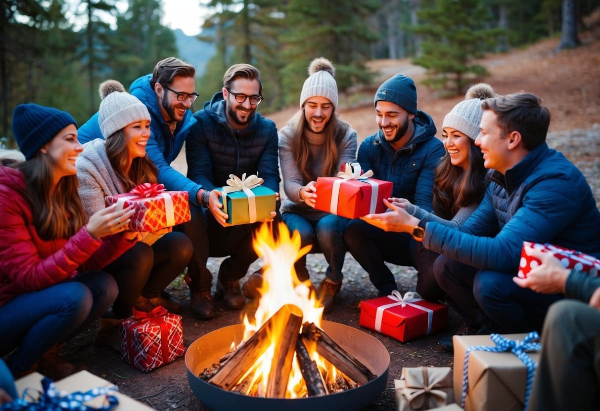 A group venner samles omkring et lejrbål udveksler udendørsgaver inspireret af outdoortiddk Scenen er fyldt med latter og spænding mens de pakker deres gaver ud